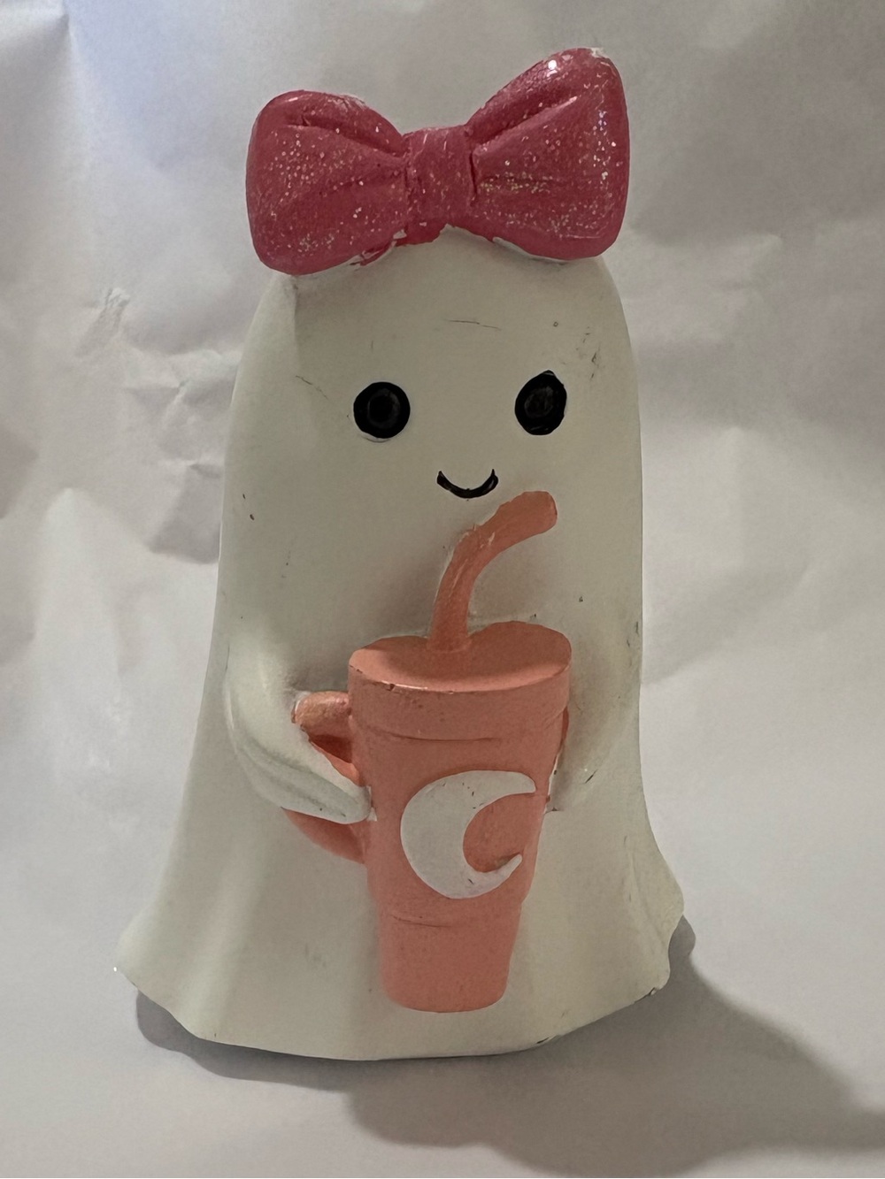 White Ghost Figurine with Pink Bow and Peach Cup - Cute Home Accent